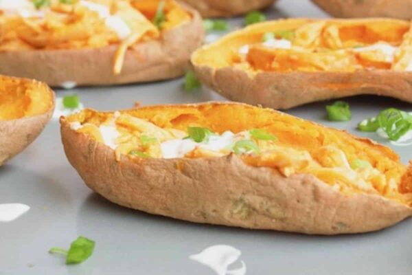 Buffalo Chicken Sweet Potato Skins