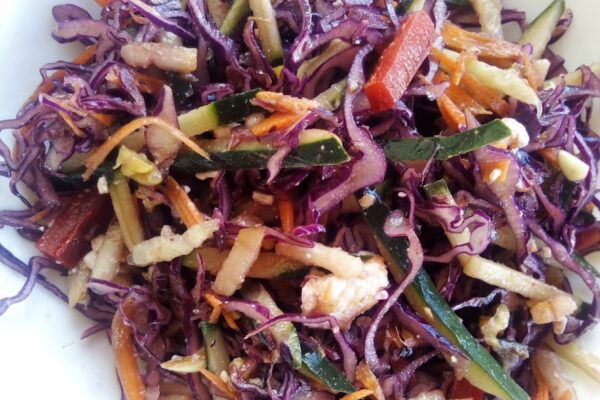 Red Cabbage Pear Carrot Cucumber Feta and Walnut Salad