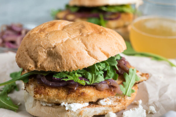 Panko and Almond Crusted Chicken Sandwich with Sautéed Onions, Arugula and Goat Cheese