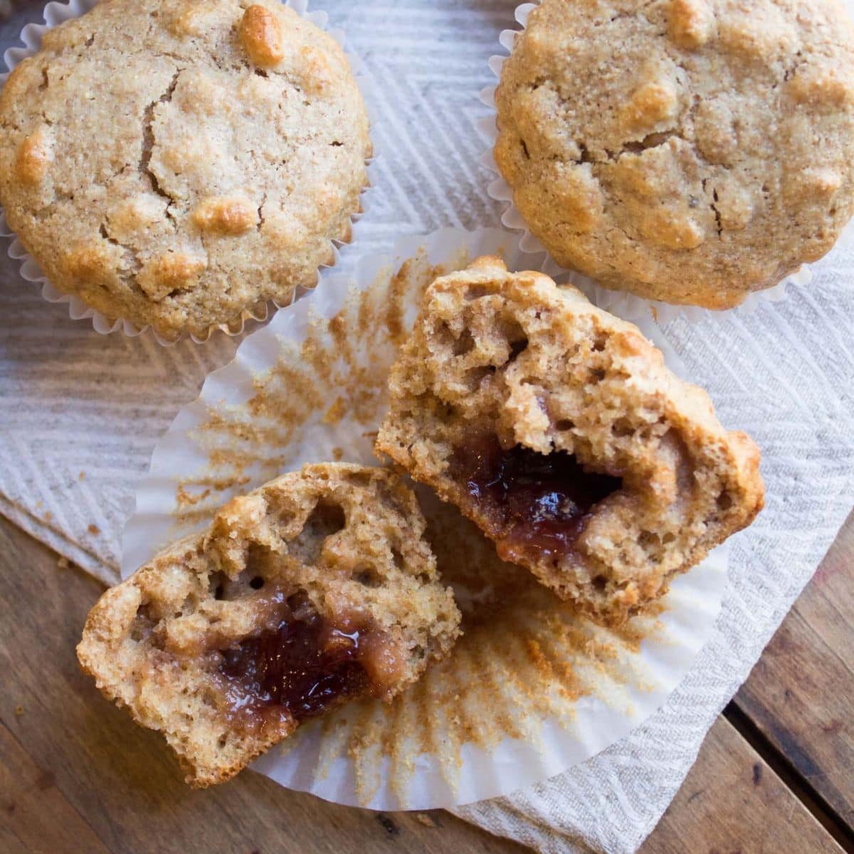 Moist Whole Wheat Peanut Butter and Jelly Muffins (lower sugar!)