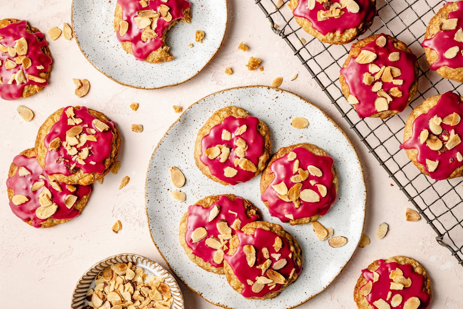 Chewy Almond Oatmeal Cookies with Tart Cherry Icing